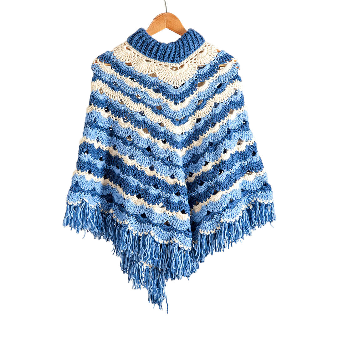 Poncho Round Neck - Crochet - Blue & White | For Women | 100% Organic Wool