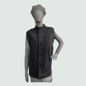 Woolen Nehru Jacket - Black & White - Front View