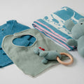Gift Set of 5 (Blanket, Cardigan, Muslin Bib, Rabbit, Dino Rattle) | 100% Organic Cotton