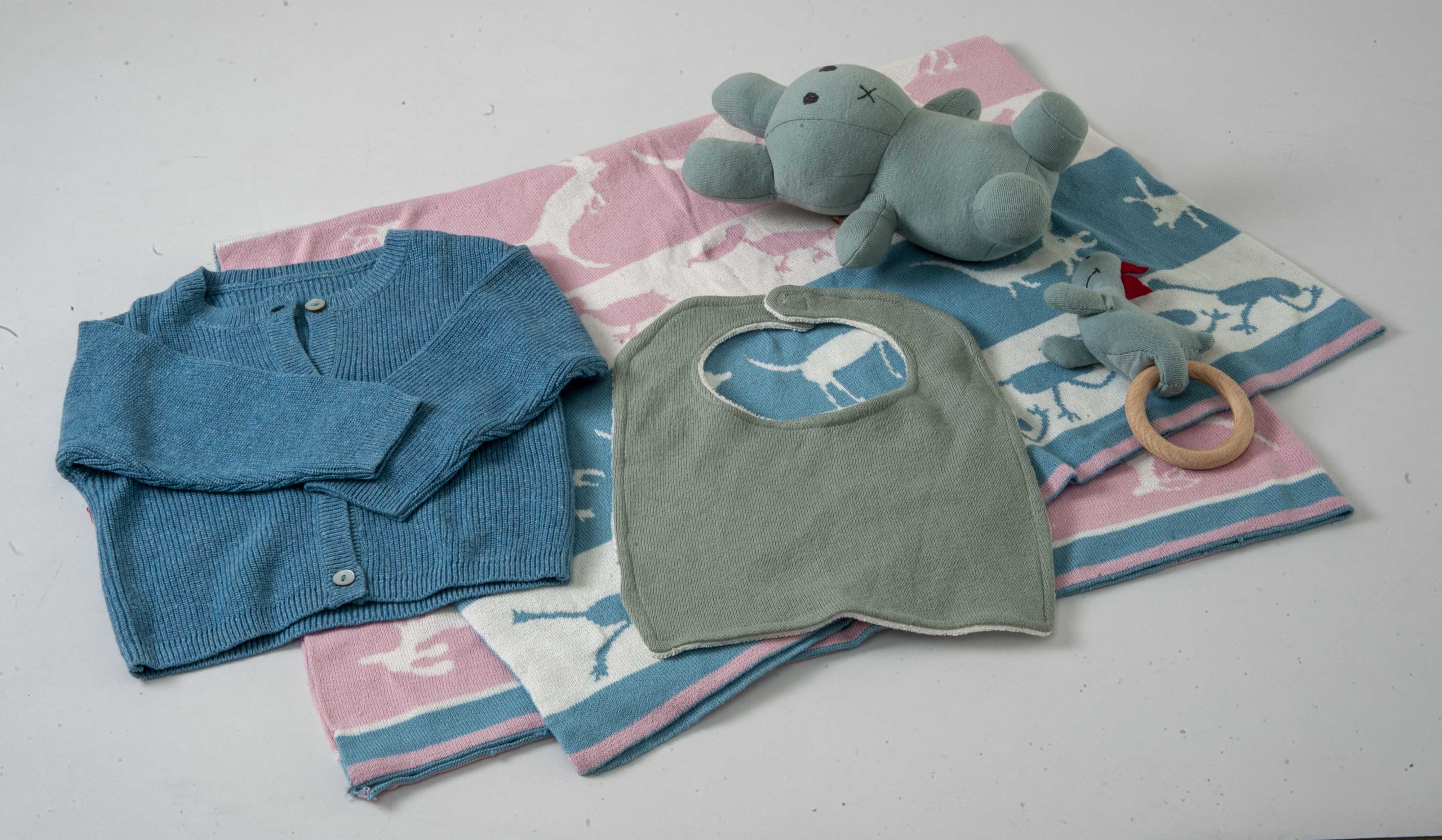 Gift Set of 5 (Blanket, Cardigan, Muslin Bib, Rabbit, Dino Rattle) | 100% Organic Cotton