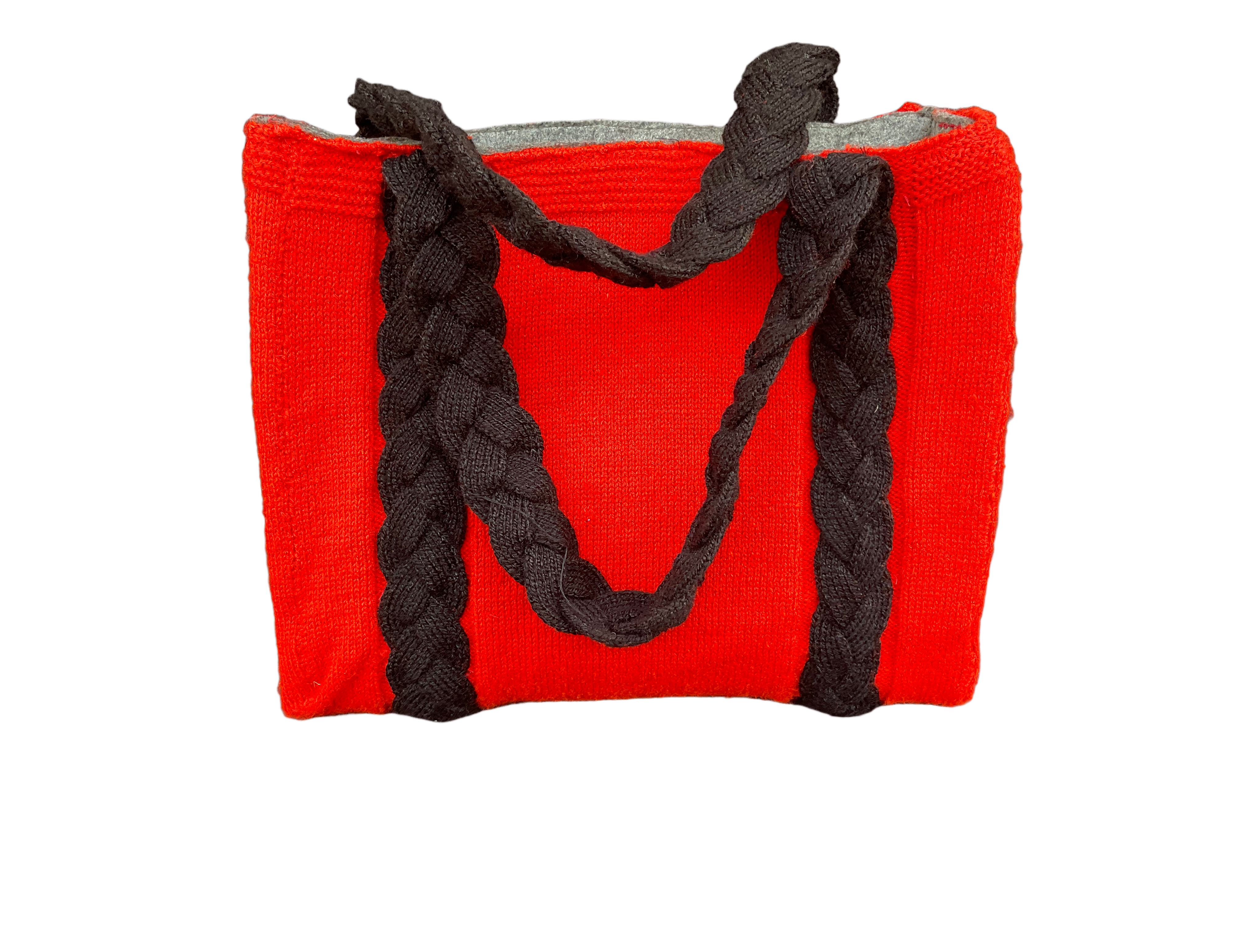 Red & Black - Hand knitted Blended  wool  Bag -Felt  lining Inside