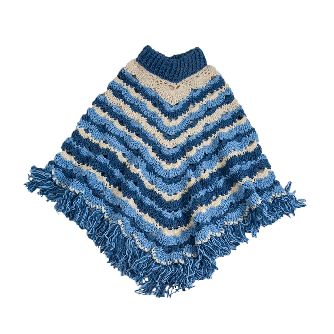 Poncho Round Neck - Crochet  -  Blue & White    |  For Women  |  100% Organic Wool